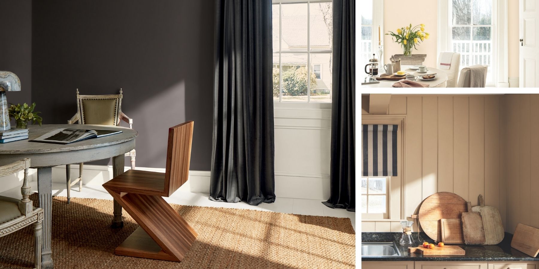 Collage of interior design elements and rooms showcasing colors from the Benjamin Moore 2026 Color Trends Palette.