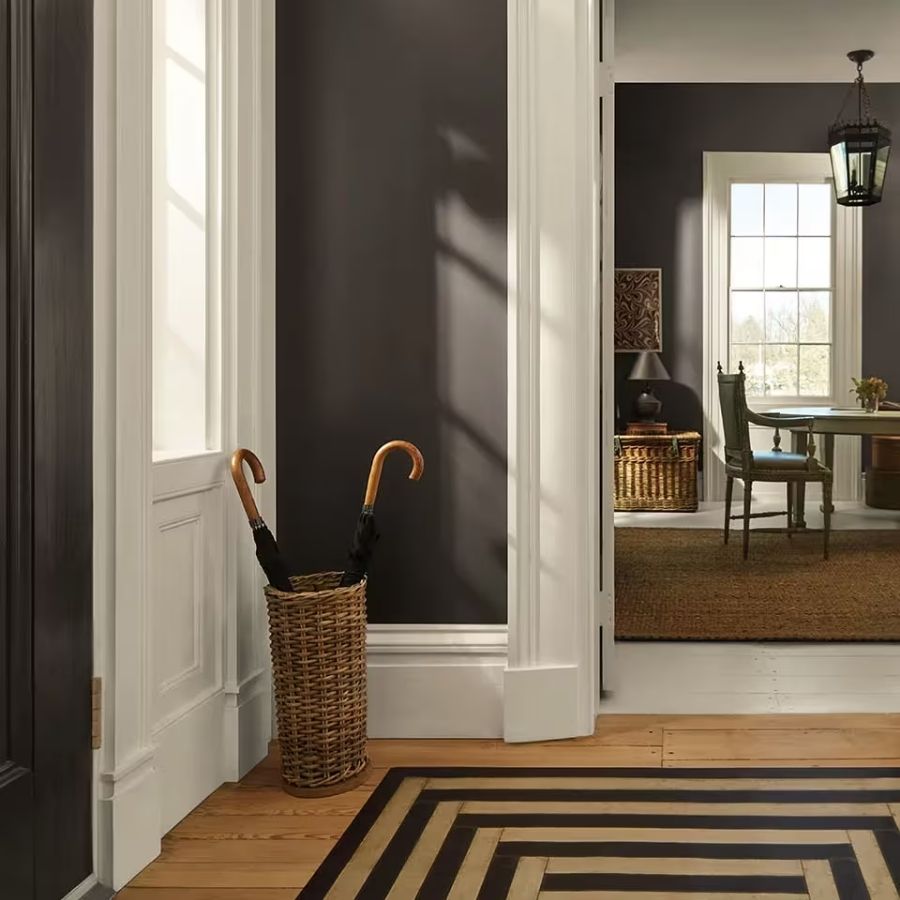 Entryway with partial view of connecting dinning room.  Dark walls featuring Benjamin Moore's 2026 Color of the Year Silhouette AF-655
