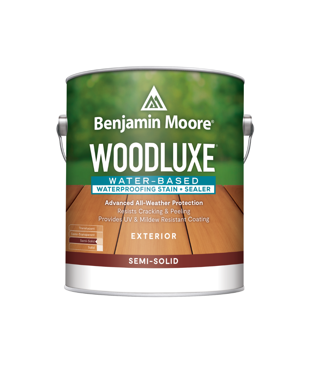 Benjamin Moore Woodluxe® Water-Based Semi-Solid Exterior Stain available to shop at Wallauers.
