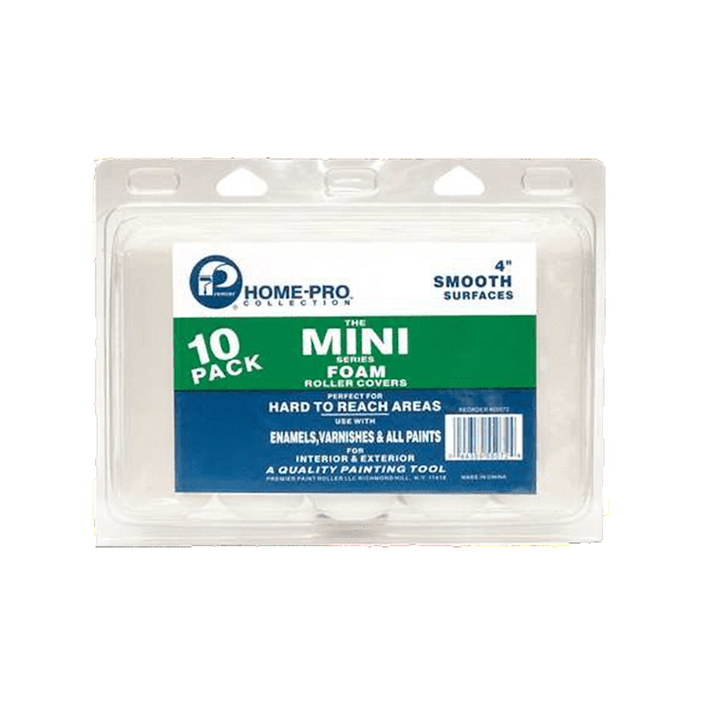 Premier 4" mini foam rollers in a 10 pack, available at Wallauer Paint Centers in Westchester, Putnam, and Rockland Counties in New York.